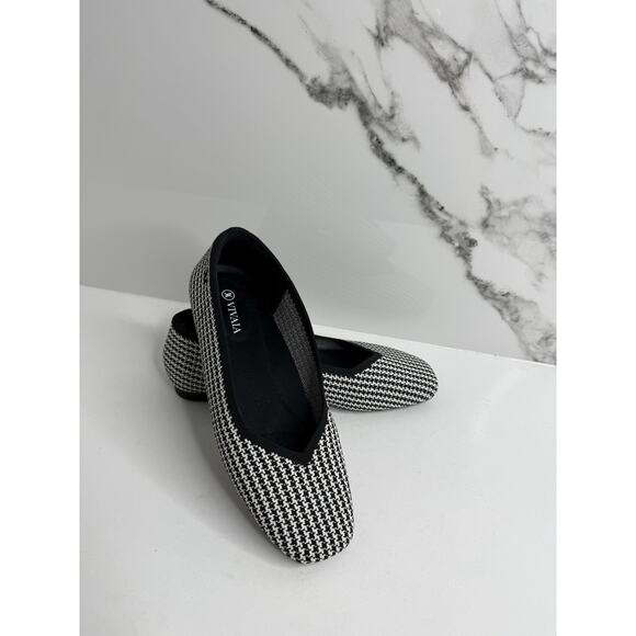 Vivaia Margot 2.0 Square Toe V-Cut Flats Houndstooth Black White Sz 38.5 8.5 - Picture 2 of 4